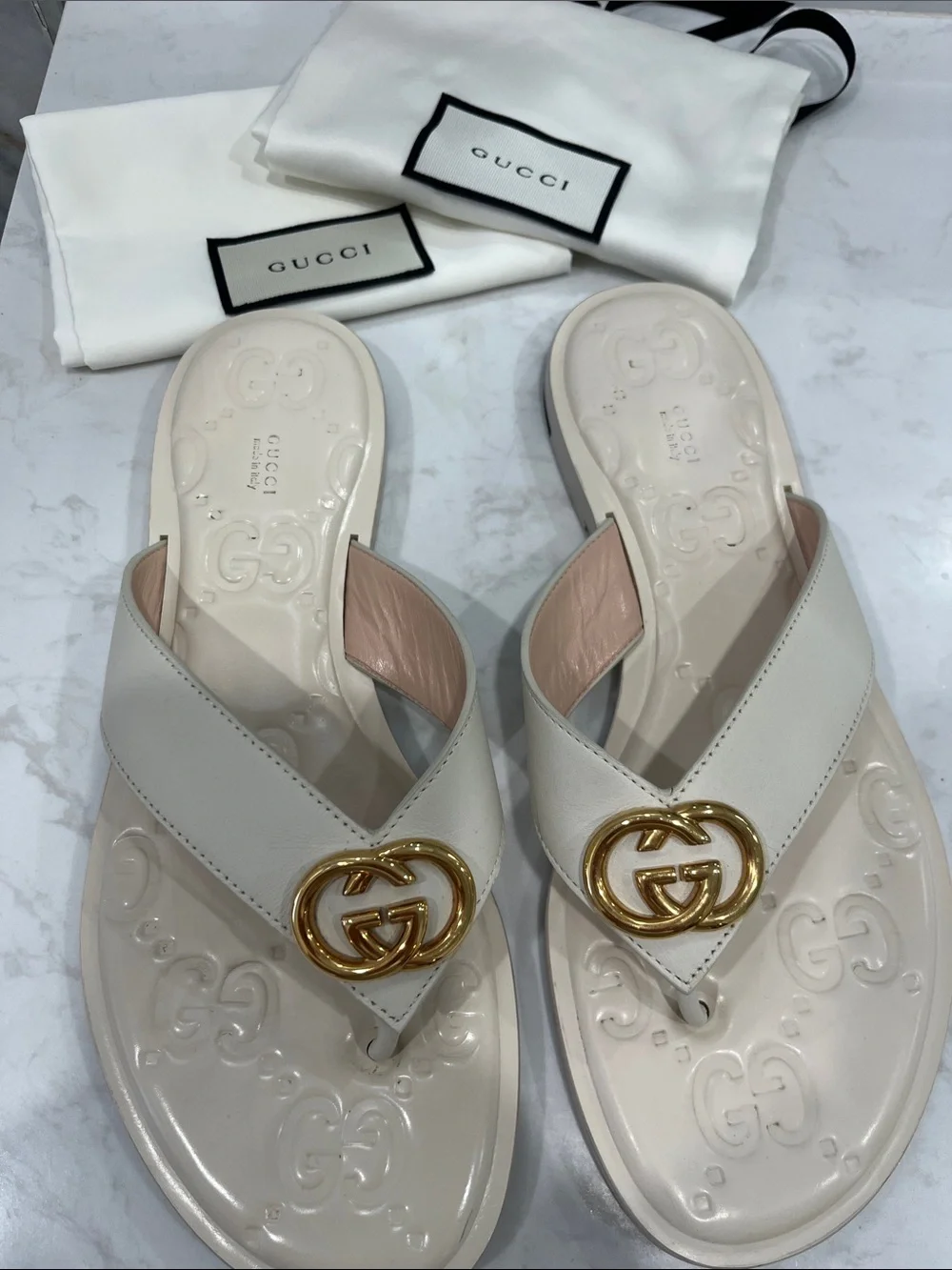 Gucci Cream Leather GG Gold Logo Thong Sandals